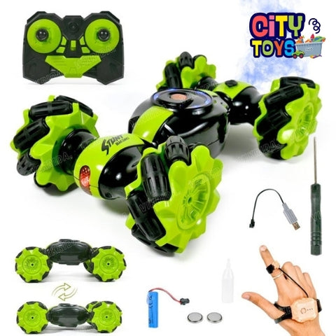 Rechargeable RC Watch Control Stunt Car Remote Control and Gesture Sensor Double Sided Rotating Off Road Vehicle Green