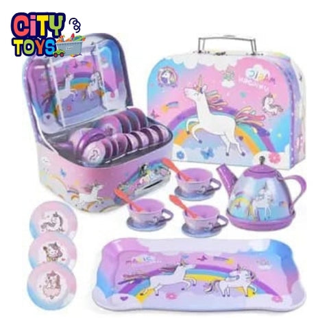 19Pcs Unicorn Tea Party Set – Birthday Gift for Girls Ages 3-6, Princess Pretend Play Kitchen Toy with Tin Tea Set