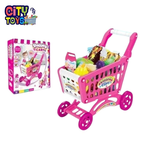 EASY FUTURE Simulation shopping cart Kids Mini Cart Toy Children Shopping Trolley Play Set With Fruit Vegetables Food Handcart (Pink)