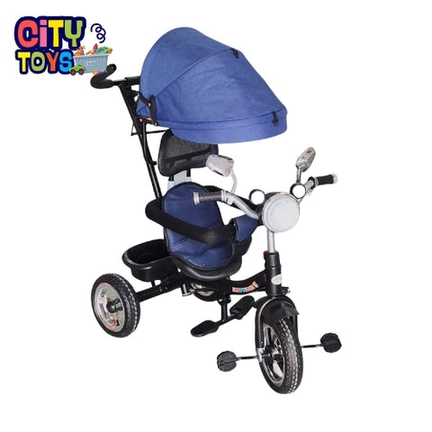 Motorbike Style Baby Tricycle with Safety Belt, Push Handle & Canopy – Dark Blue